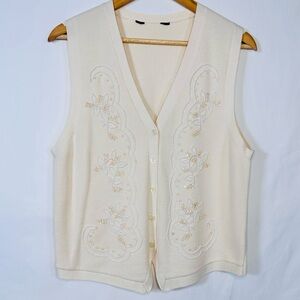 Vintage Sweater Vest Womens Ivory Embroidered Embellishment Coastal Cowgirl